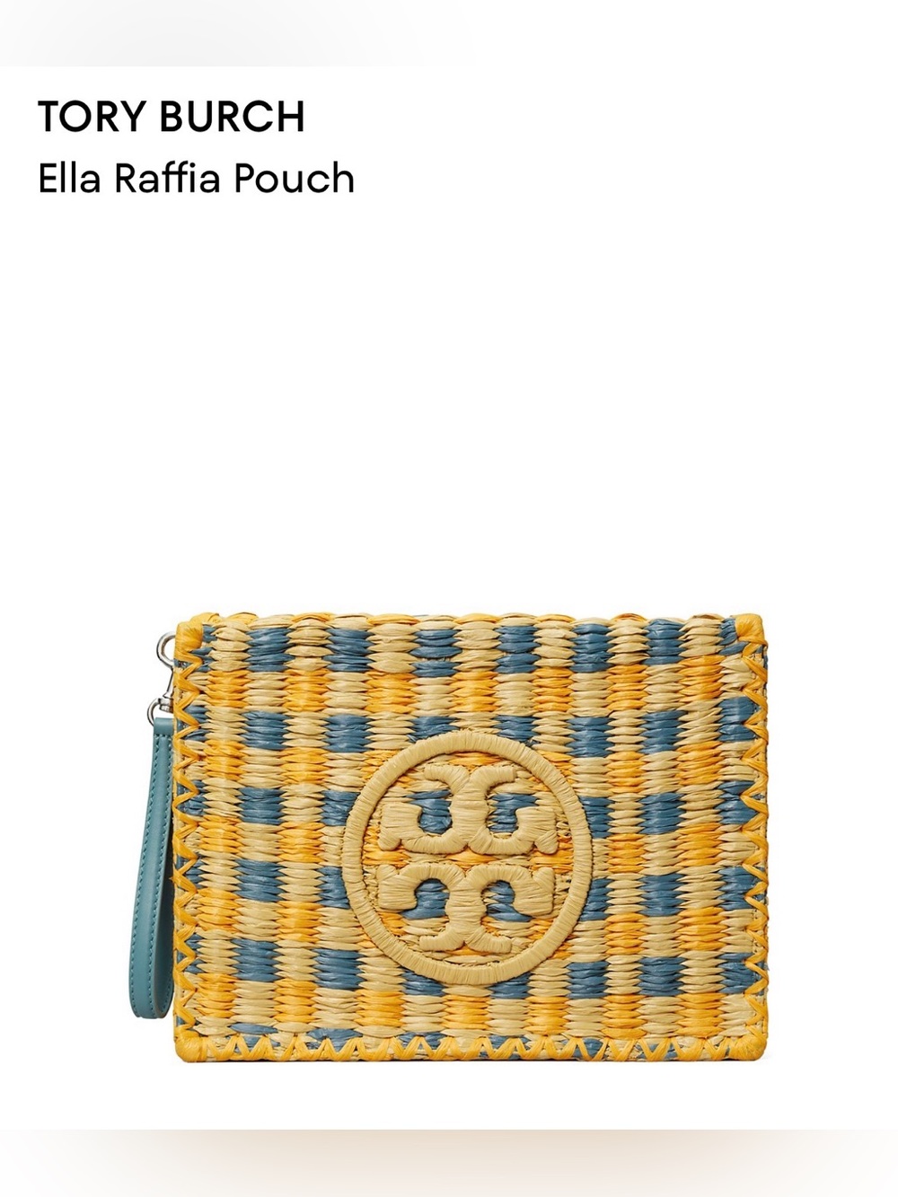 Tory Burch Ella Raffia Pouch. Deep Turquoise.